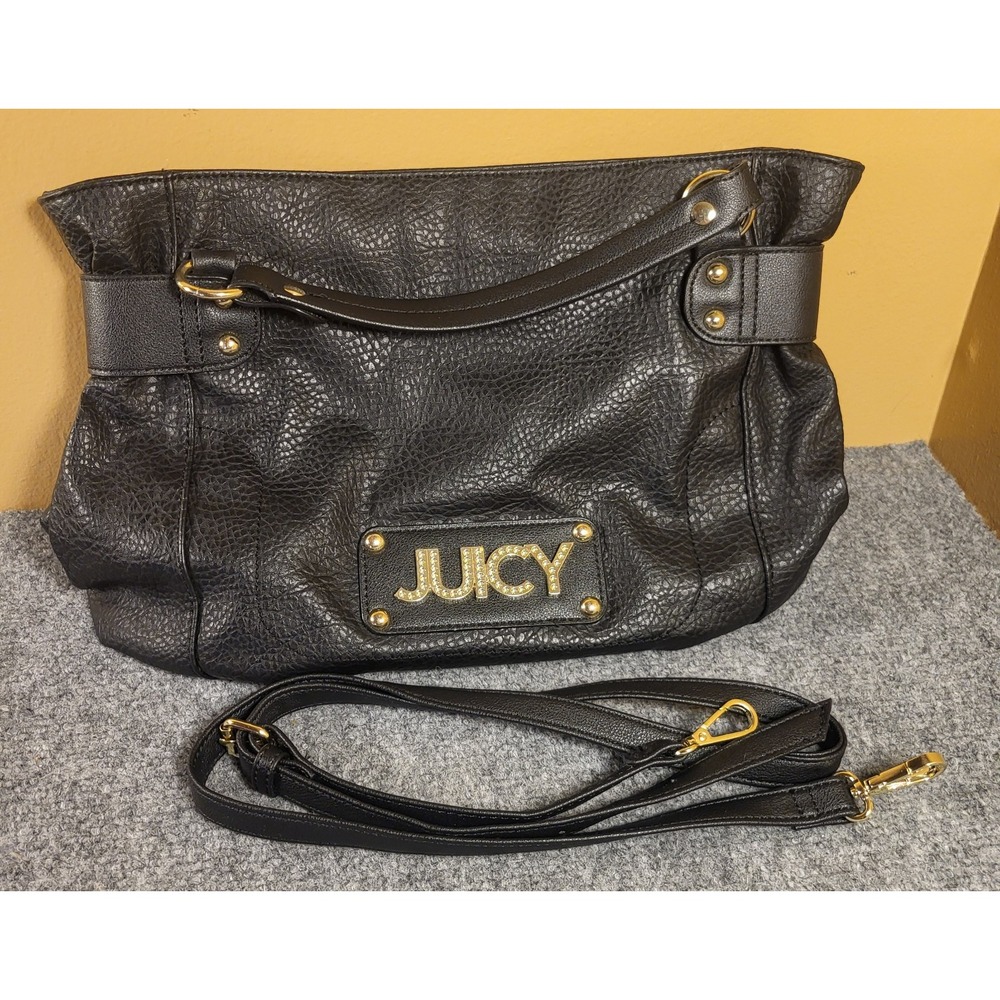 Vintage Y2K Juicy Couture Black Leather Shoulder Bag Womens Spell Out Cross body